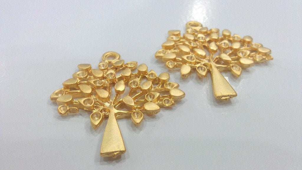 2 Gold Pendant Tree Pendant, Gold Plated Metal  (50x42 mm)   G9568