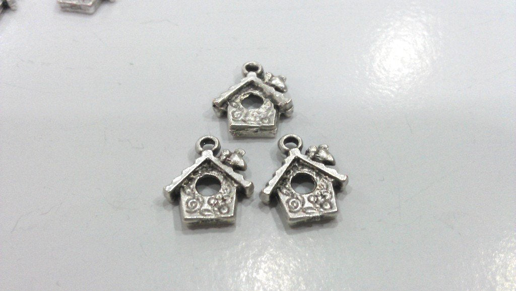 10 Bird House Charms Antique Silver Plated Metal  G10962