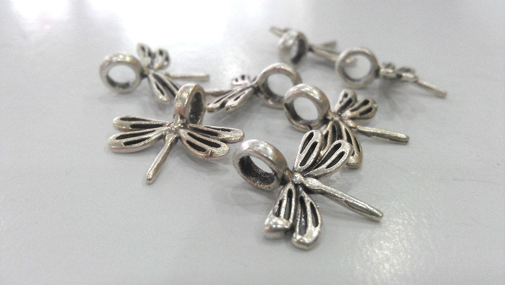 10 Dragonfly Charms Antique Silver Plated Brass   G9843