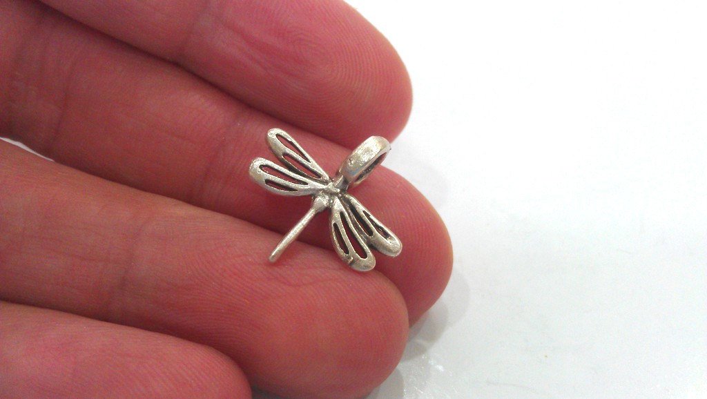 4 Dragonfly Charms Antique Silver Plated Brass   G9843