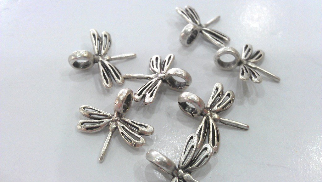 10 Dragonfly Charms Antique Silver Plated Brass   G9843