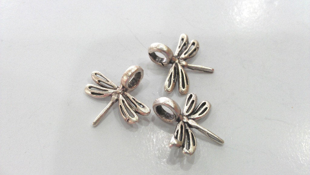 10 Dragonfly Charms Antique Silver Plated Brass   G9843