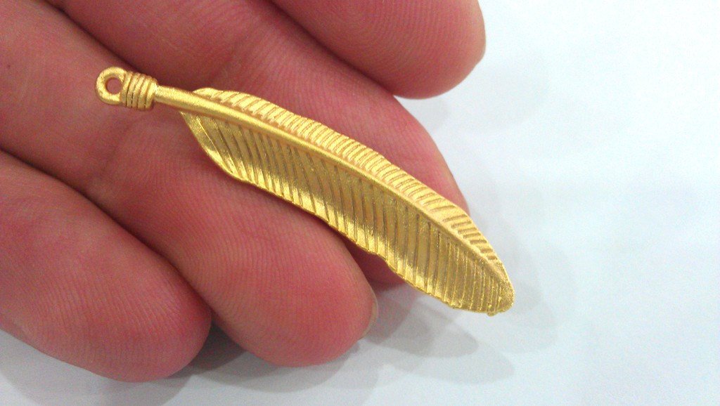 2 Feather Charms Gold Charms Gold Plated Brass (45x8 mm.)   G686