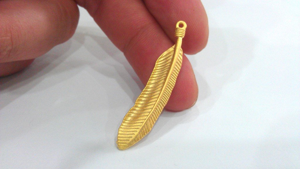 2 Feather Charms Gold Charms Gold Plated Brass (45x8 mm.)   G686