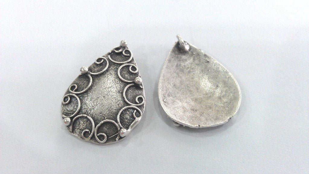 2 Silver Textured Charms Antique Silver Plated Brass Drop Charms, G11489