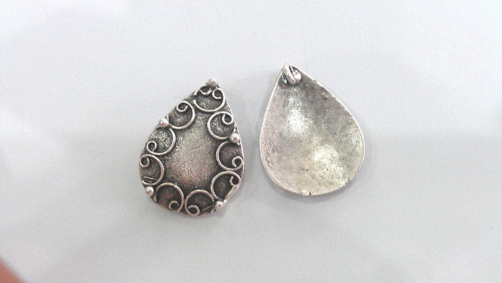 2 Silver Textured Charms Antique Silver Plated Brass Drop Charms, G11489