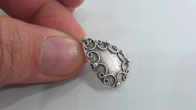 2 Silver Textured Charms Antique Silver Plated Brass Drop Charms, G11489