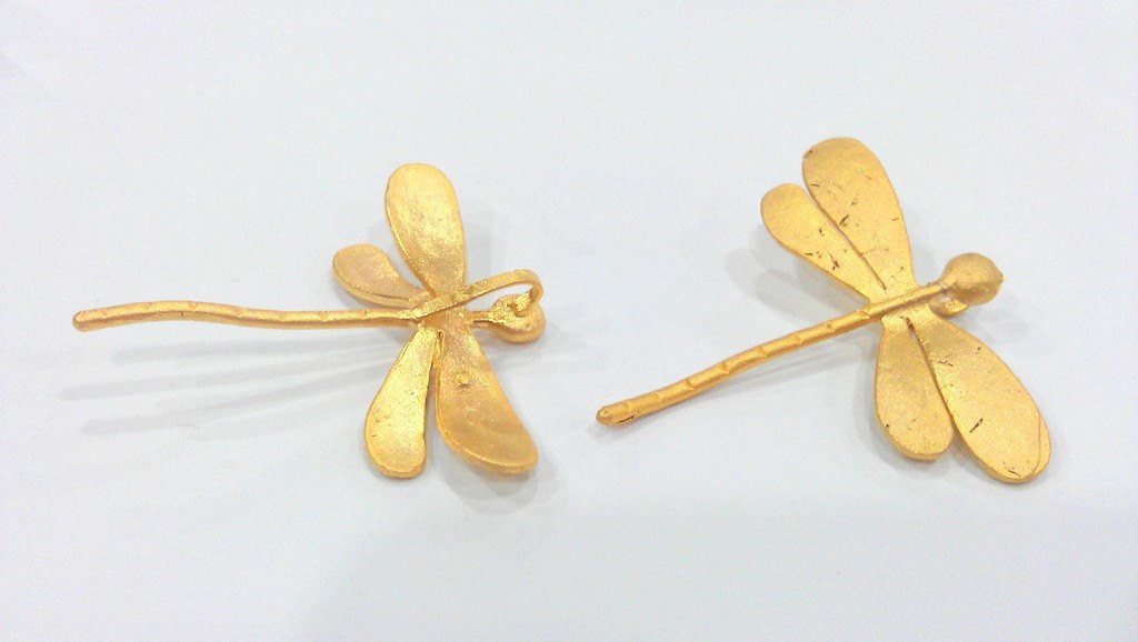 2 Gold Dragonfly Pendants , Gold Plated Brass 2 Pcs (42x40 mm)   G9865