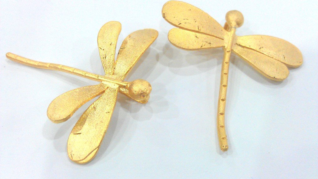 2 Gold Dragonfly Pendants , Gold Plated Brass 2 Pcs (42x40 mm)   G9865