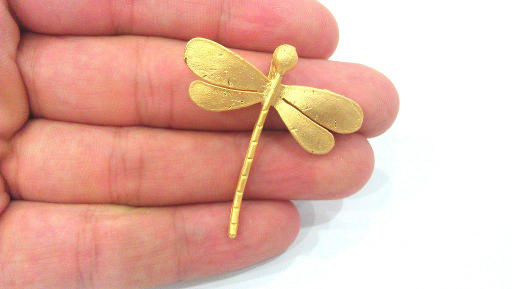 2 Gold Dragonfly Pendants , Gold Plated Brass 2 Pcs (42x40 mm)   G9865