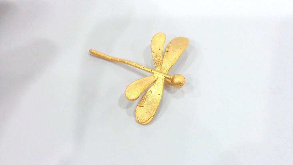 2 Gold Dragonfly Pendants , Gold Plated Brass 2 Pcs (42x40 mm)   G9865