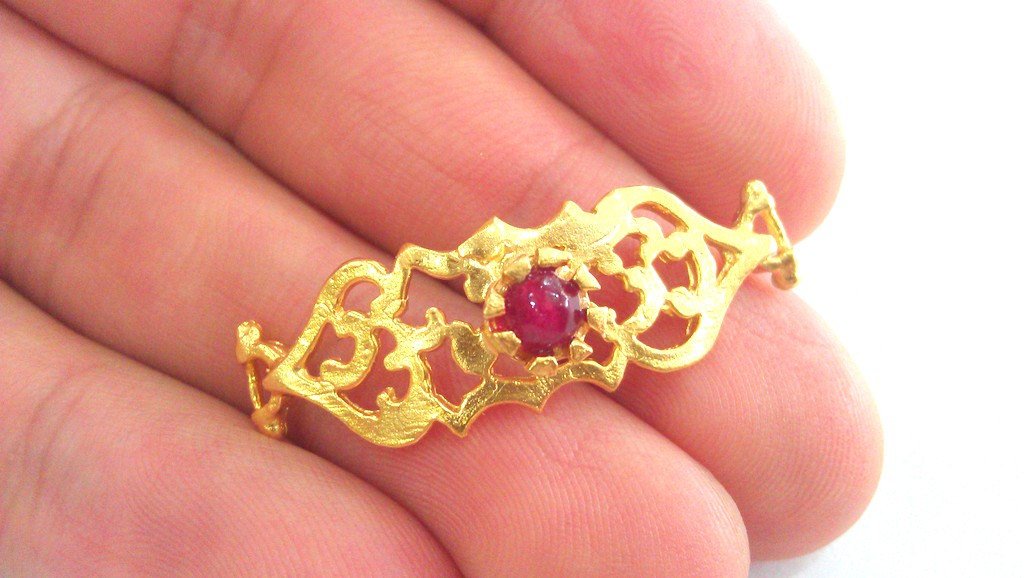 38x13 mm  Ruby Bracelet Connectors , Gold Plated Brass  G757
