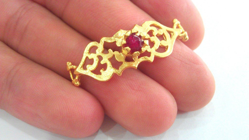 38x13 mm  Ruby Bracelet Connectors , Gold Plated Brass  G757