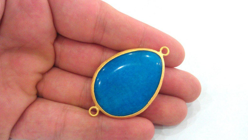 Gold Plated Pendant Blue Pendant  Connector , Gold Plated Bezel 41x31 mm.  G955