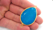 Gold Plated Pendant Blue Pendant  Connector , Gold Plated Bezel 41x31 mm.  G955