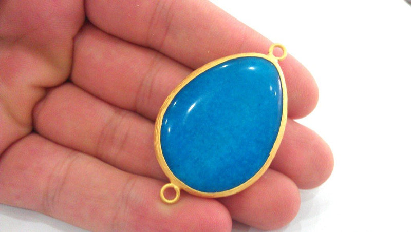 Gold Plated Pendant Blue Pendant  Connector , Gold Plated Bezel 41x31 mm.  G955