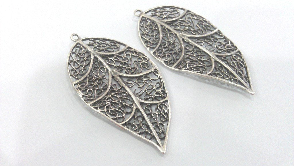 2 Antique Silver Plated Brass Leaf Pendant  G16681