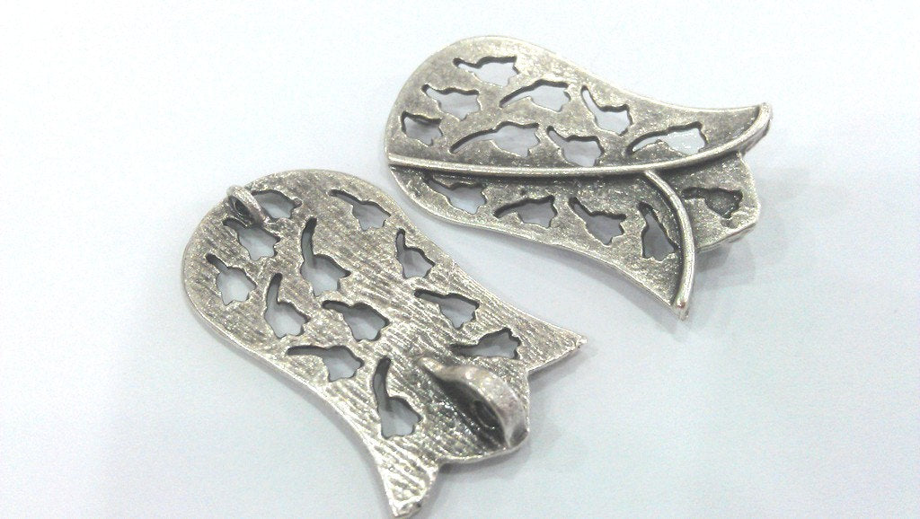 2 Tulip Pendant Antique Silver Plated Brass (55x28mm)  G10793