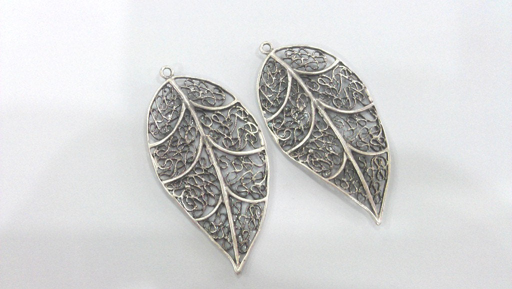 2 Antique Silver Plated Brass Leaf Pendant  G16681