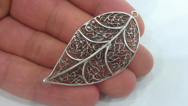 2 Antique Silver Plated Brass Leaf Pendant  G16681