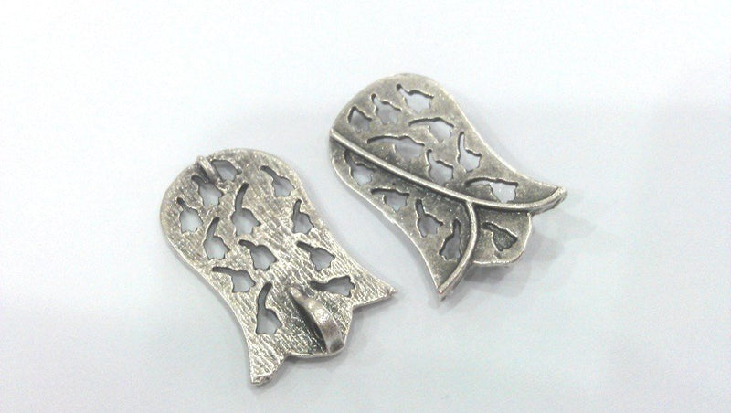 2 Tulip Pendant Antique Silver Plated Brass (55x28mm)  G10793