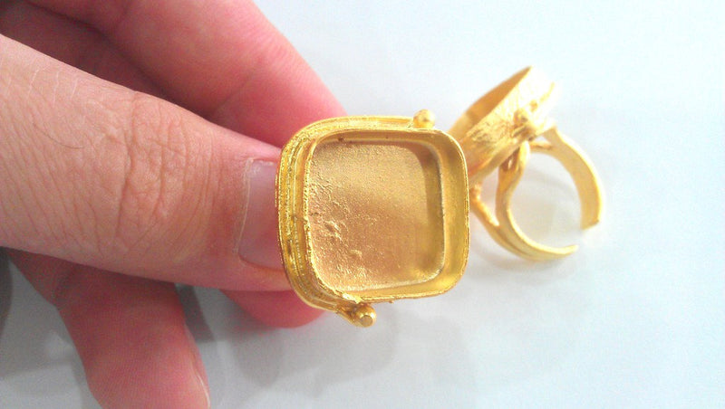 Gold Square Ring Blank , Bezel Settings,Cabochon Base,Mountings , (20 mm Blank)Gold Plated Brass G10784
