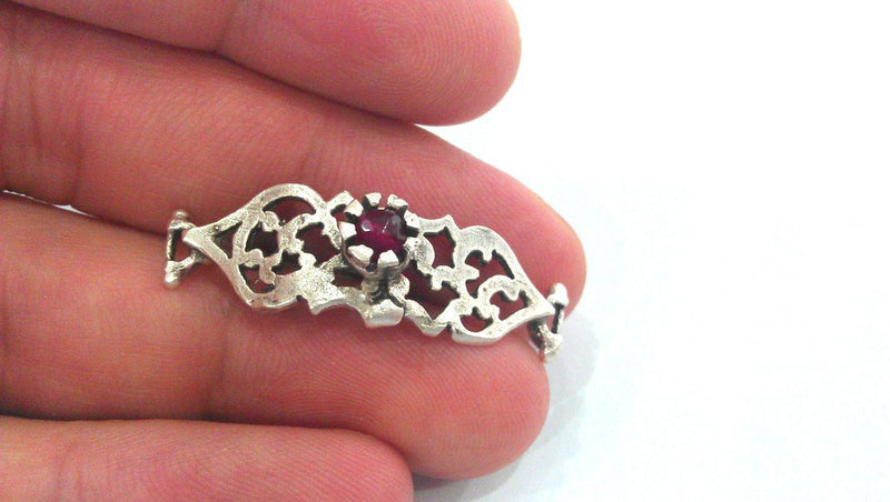 Red Granet  Connectors , Antique Silver Plated Brass (38x13 mm.)   G1242