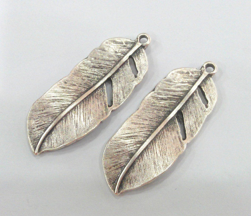 6 Feather Pendant Antique Silver Plated Feather Pendants (42x16 mm) G9596