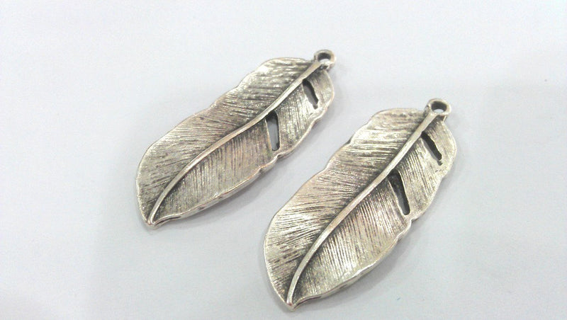2 Feather Pendant Antique Silver Plated Feather Pendants  (42x16 mm) G9596