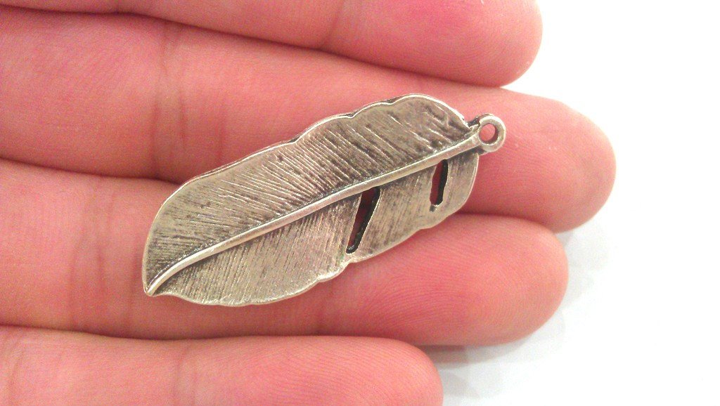 2 Feather Pendant Antique Silver Plated Feather Pendants  (42x16 mm) G9596