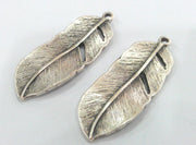 2 Feather Pendant Antique Silver Plated Feather Pendants  (42x16 mm) G9596