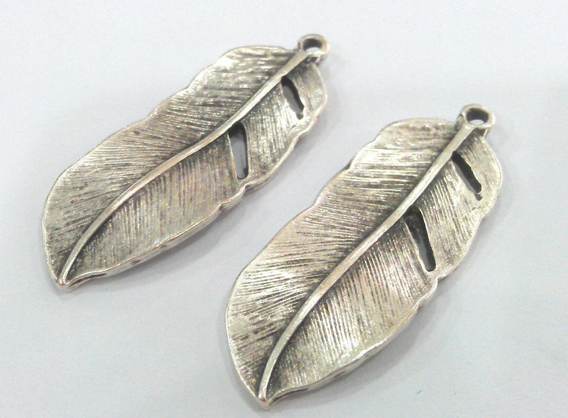 2 Feather Pendant Antique Silver Plated Feather Pendants  (42x16 mm) G9596