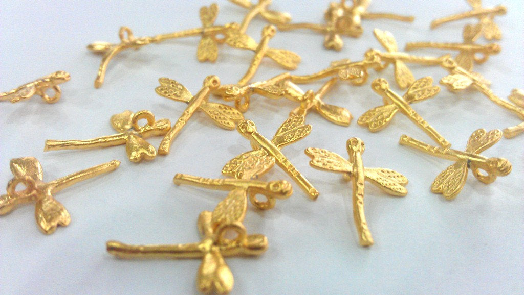 10 Dragonfly Charms Gold Plated Charm Gold Plated Brass (14x12 mm)   G9539