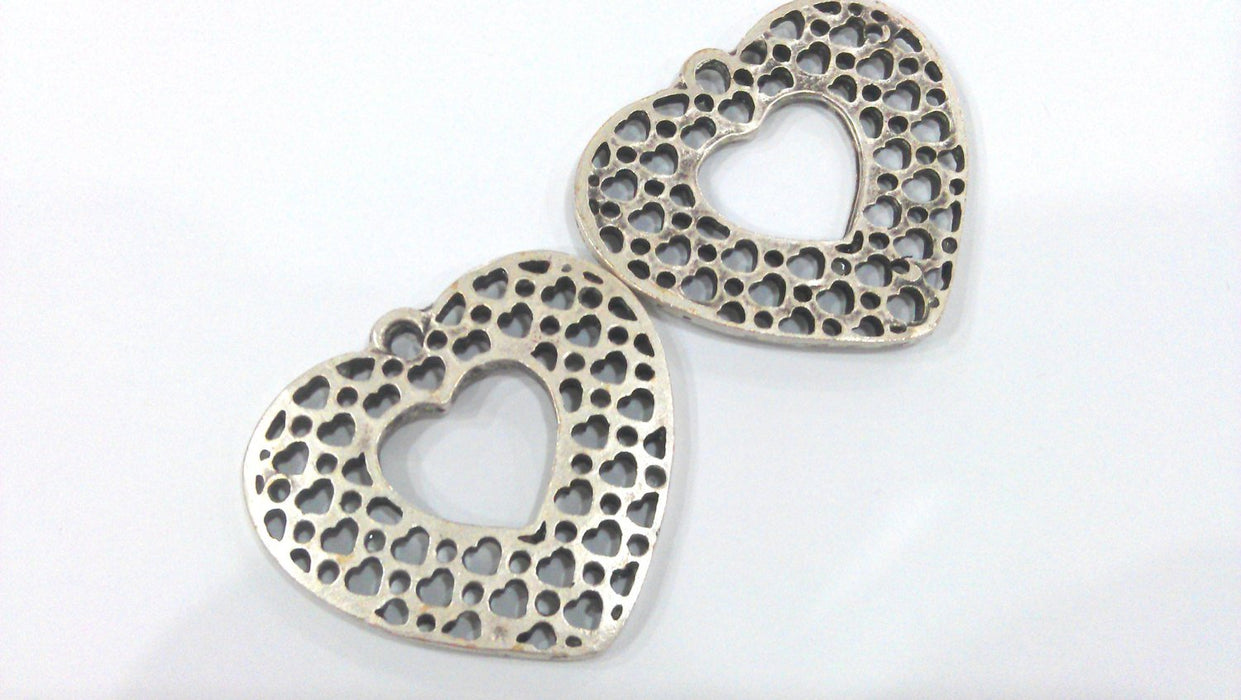 2 Pcs (48x42 mm) Matte Silver Plated Metal Heart  Connector , Pendant  G10975