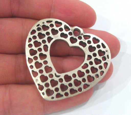 2 Pcs (48x42 mm) Matte Silver Plated Metal Heart  Connector , Pendant  G10975