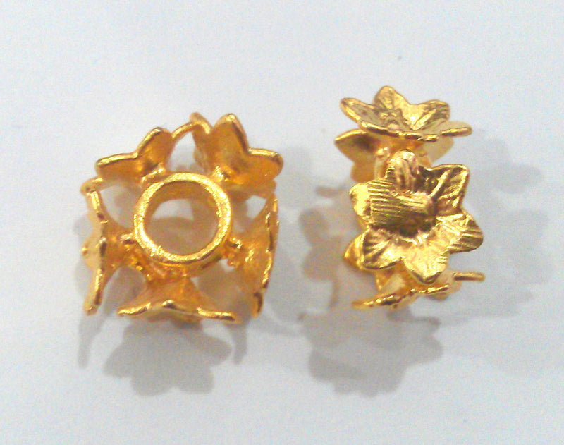 2 Flower Rondelle Beads , Gold Plated Brass (13 mm) G14383
