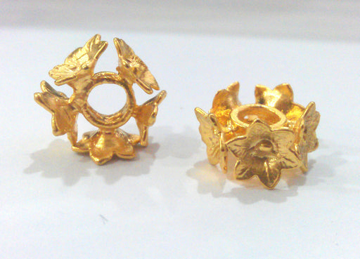 2 Flower Rondelle Beads , Gold Plated Brass (13 mm) G14383