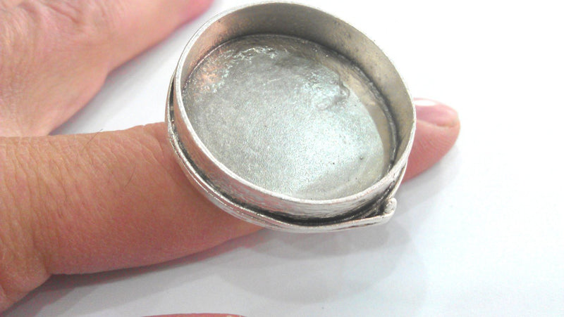 Silver Ring Blank Base Bezel Settings  Cabochon Base Mountings Adjustable  Antique Silver Plated Brass  (35 mm Blank)  G12194