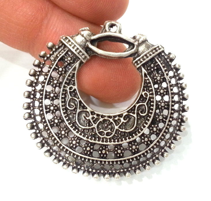 2 Silver Pendant Oxidized Silver Plated  Medallion  Pendants 2 Pcs (40 mm) G9774