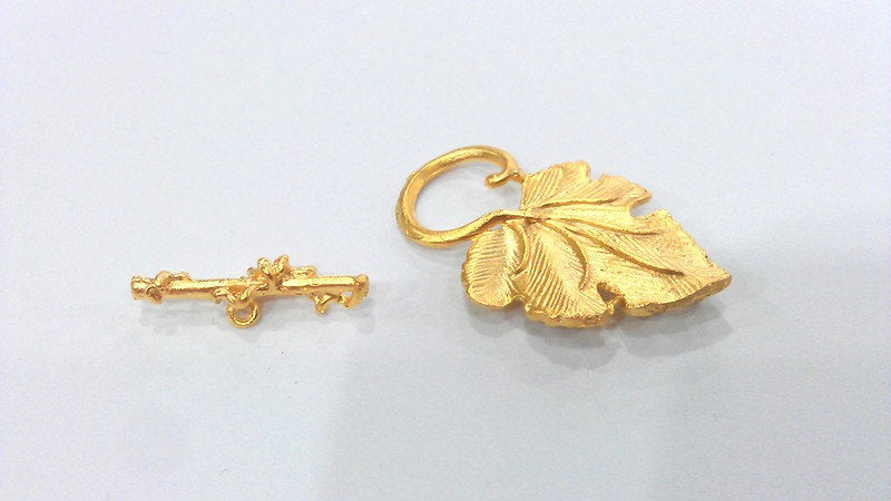 3 Set Gold Toggle Clasp Leaf Toogle Clasp  Findings  (34x22mm)   , Gold Plated Brass  G9879