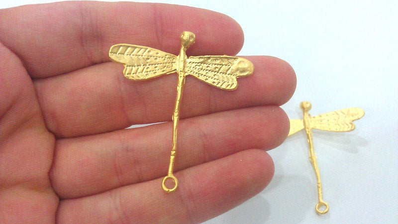 2 Pcs Dragonfly Double Holes Connector , Pendant   Gold Plated Brass G2103