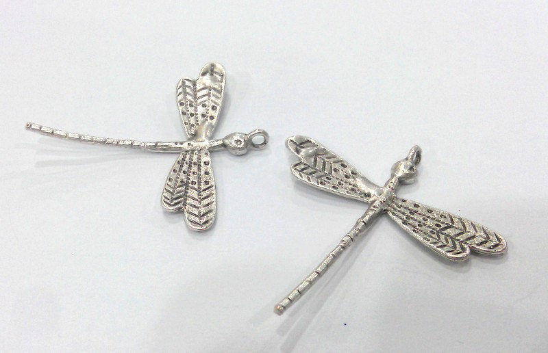 2 Dragonfly Pendant Silver Pendant Antique Silver Plated Brass   G16290