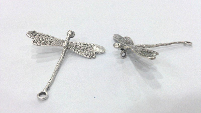 2 Dragonfly Pendant Antique Silver Plated Brass Double Hole Connector , Pendant   G16294