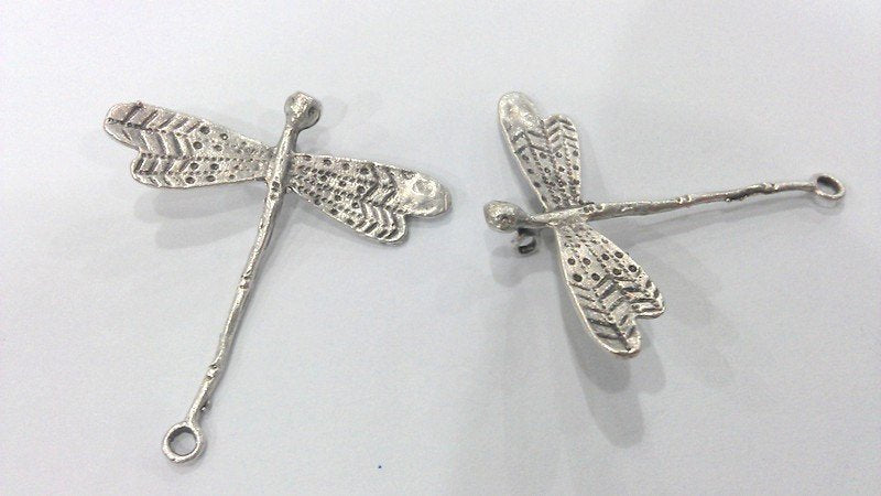 2 Dragonfly Pendant Antique Silver Plated Brass Double Hole Connector , Pendant   G16294