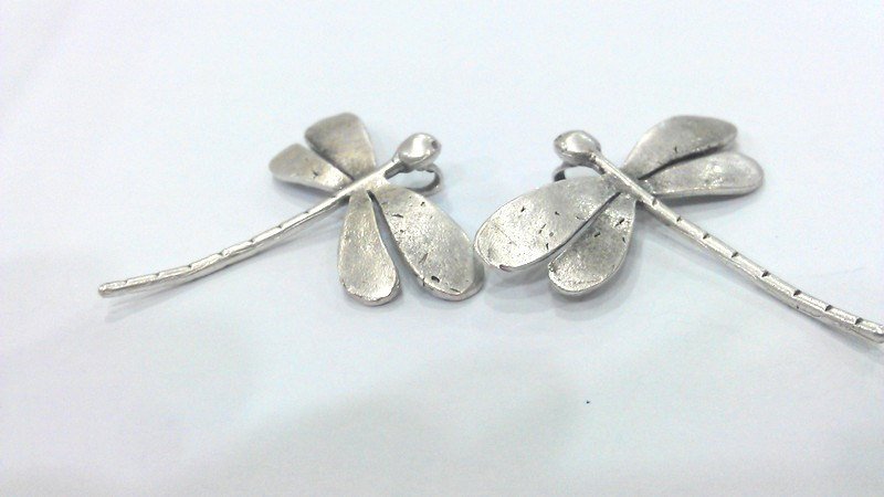 2 Dragonfly Pendant Antique Silver Plated Brass (42x40mm)  G10790