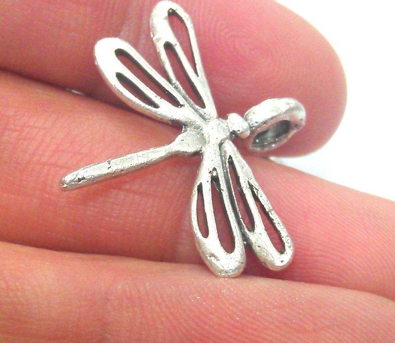 2 Silver Charm Antique Silver Plated Brass Dragonfly Charms  G13942