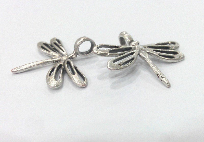 2 Silver Charm Antique Silver Plated Brass Dragonfly Charms  G13942