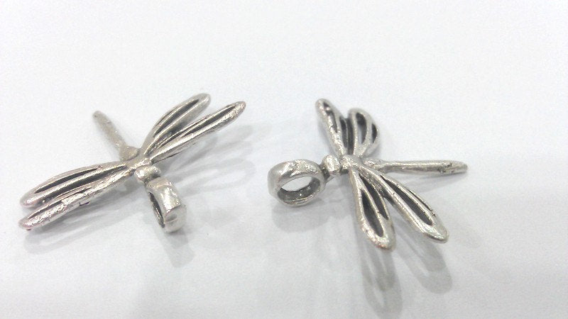 2 Silver Charm Antique Silver Plated Brass Dragonfly Charms  G13942