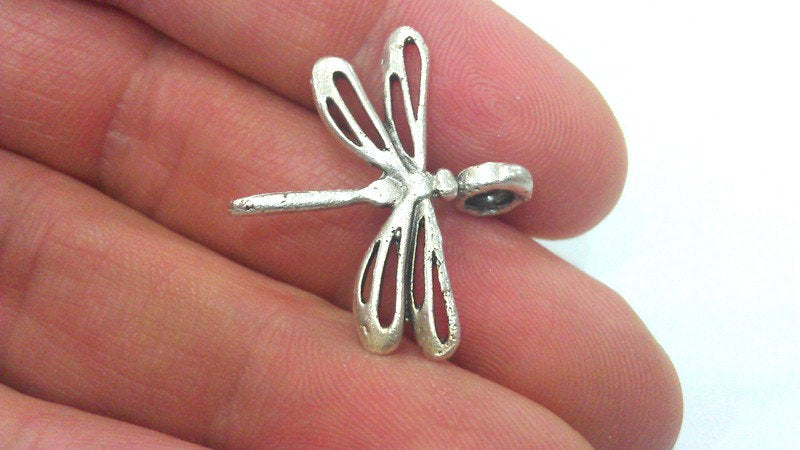 2 Silver Charm Antique Silver Plated Brass Dragonfly Charms  G13942