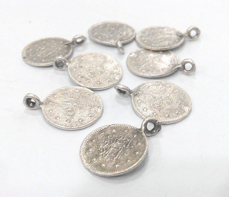 5 Silver Charm  Antique Silver Plated Brass Ottoman Signature Charms 14mm  G13675